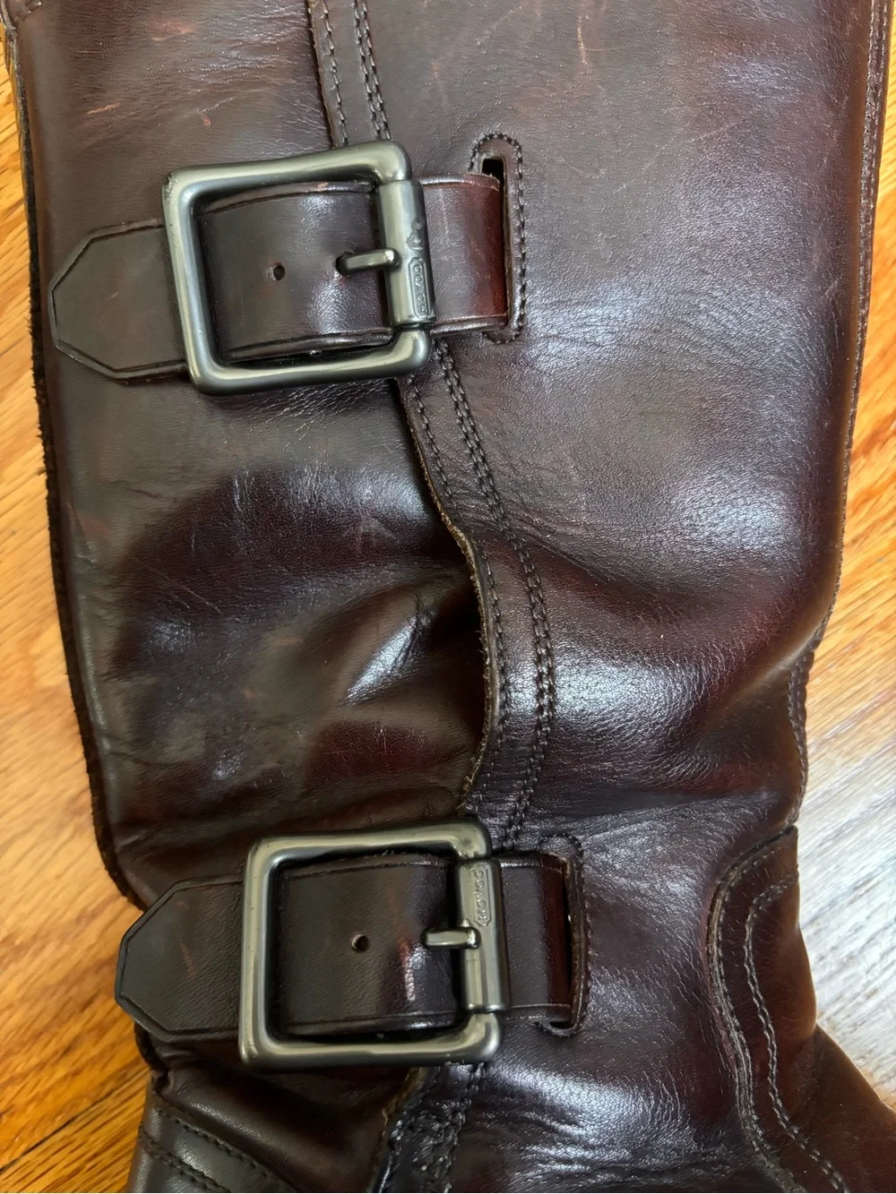 Coach Men's Moto Engineer Boots Dark Brown Leather Buckle Harness